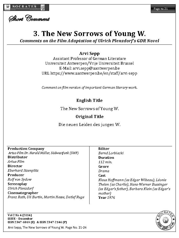 The New Sorrows of Young W. Comments on the Film Adaptation of Ulrich Plenzdorf's GDR Novel