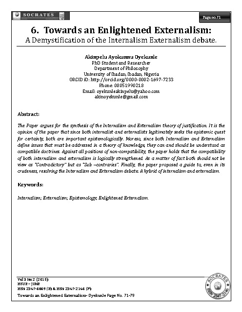 Towards an Enlightened Externalism: A Demystification of the Internalism Externalism debate