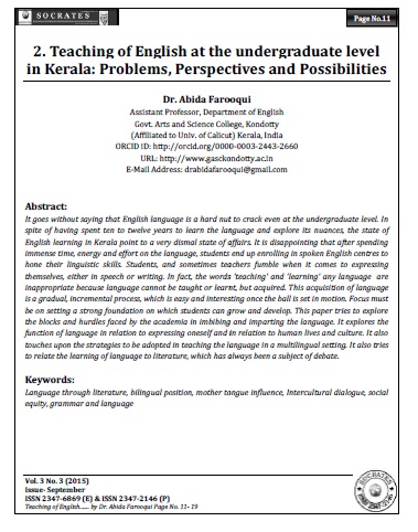 Teaching of English at the undergraduate level in Kerala: Problems, Perspectives and Possibilities