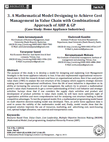 A Mathematical Model Designing to Achieve Cost Management in Value Chain with Combinational Approach of AHP & GP