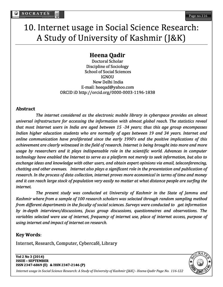 Internet usage in Social Science Research: A Study of University of Kashmir (J&K)