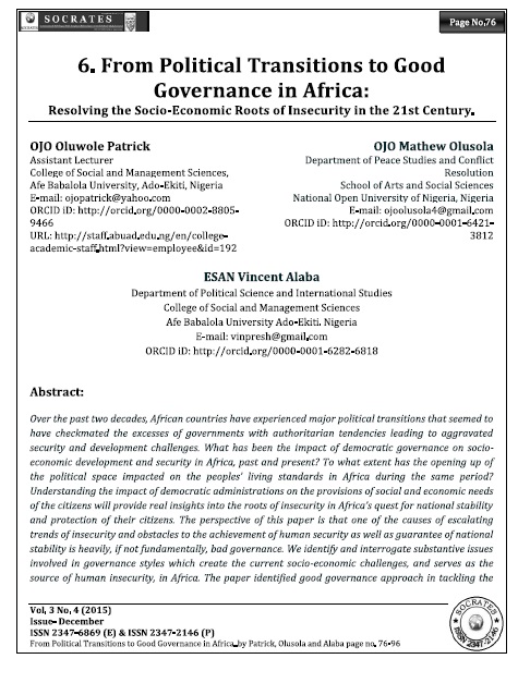 From Political Transitions to Good Governance in Africa:  Resolving the Socio-Economic Roots of Insecurity in the 21st Century