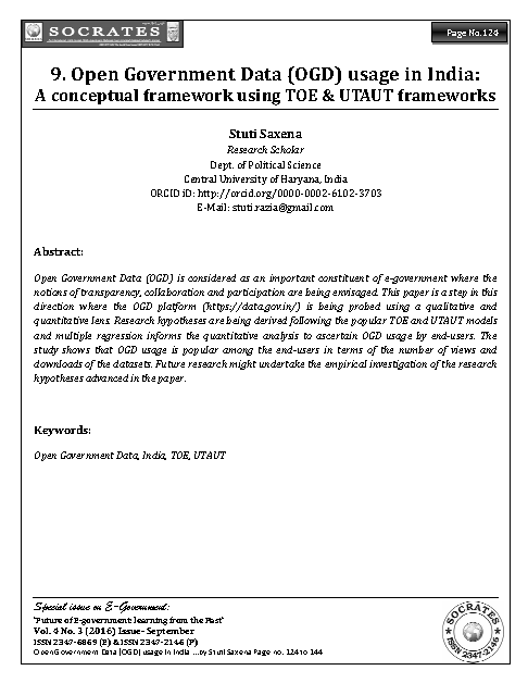 Open Government Data (OGD) usage in India:  A conceptual framework using TOE & UTAUT frameworks