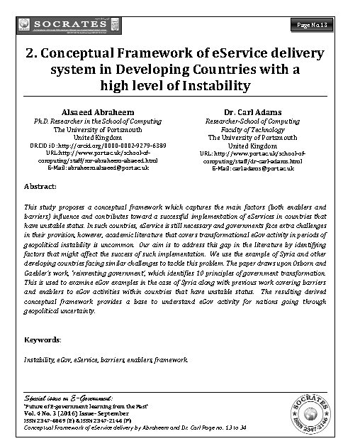 Conceptual Framework of eService delivery system in Developing Countries with a  high level of Instability