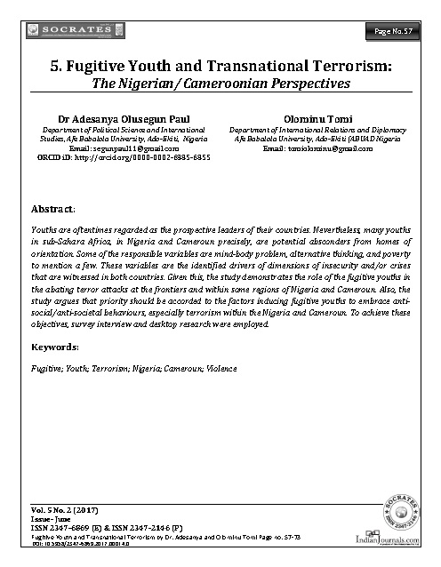 Fugitive Youth and Transnational Terrorism: The Nigerian/ Cameroonian Perspectives