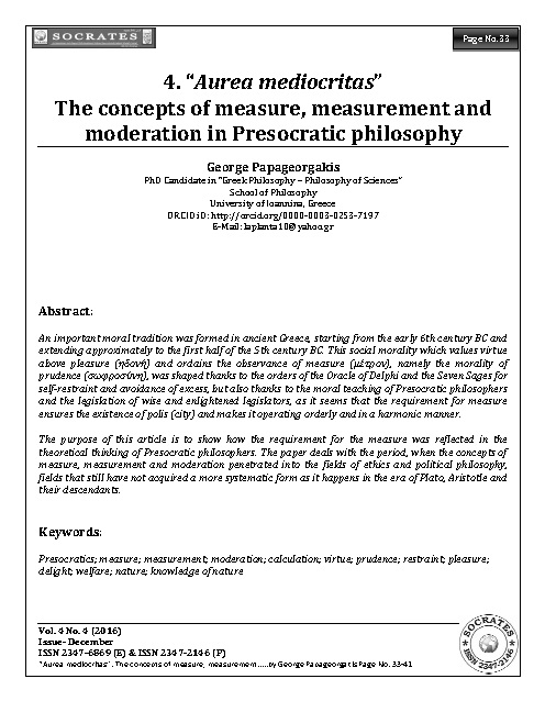 “Aurea mediocritas” The concepts of measure, measurement and moderation in Presocratic philosophy