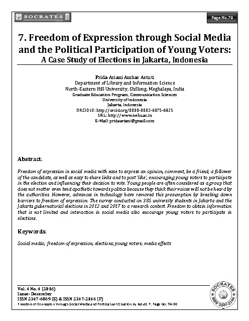 Freedom of Expression through Social Media and the Political Participation of Young Voters: A Case Study of Elections in Jakarta, Indonesia