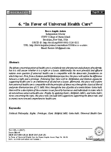 “In Favor of Universal Health Care”