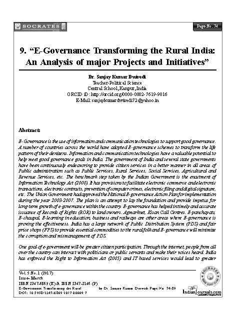 “E- Governance Transforming the Rural India:  An Analysis of major Projects and Initiatives”