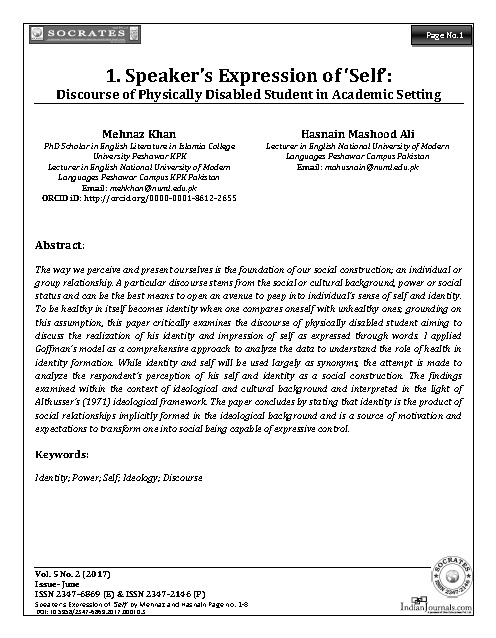 Speaker’s Expression of ‘Self’:  Discourse of Physically Disabled Student in Academic Setting