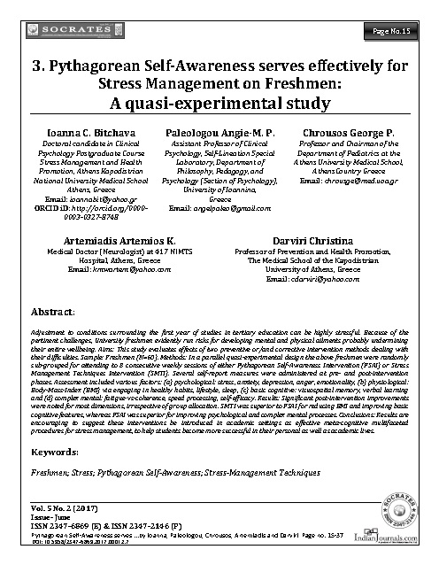 Pythagorean Self-Awareness serves effectively for Stress Management on Freshmen:  A quasi-experimental study