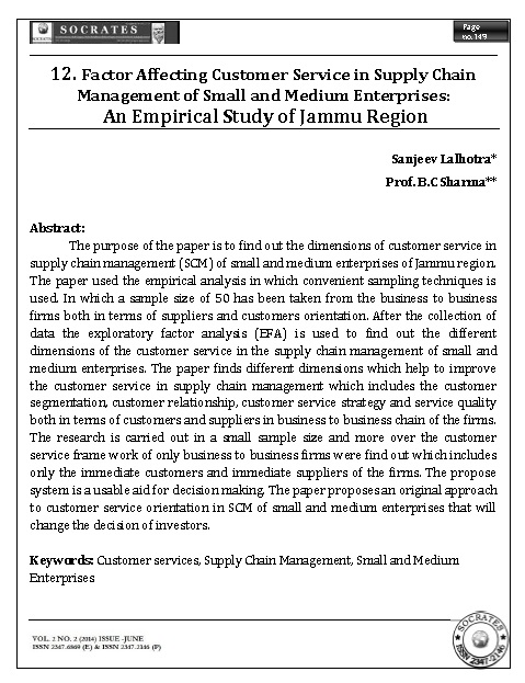 Factor Affecting Customer Service in Supply Chain Management of Small and Medium Enterprises: An Empirical Study of Jammu Region