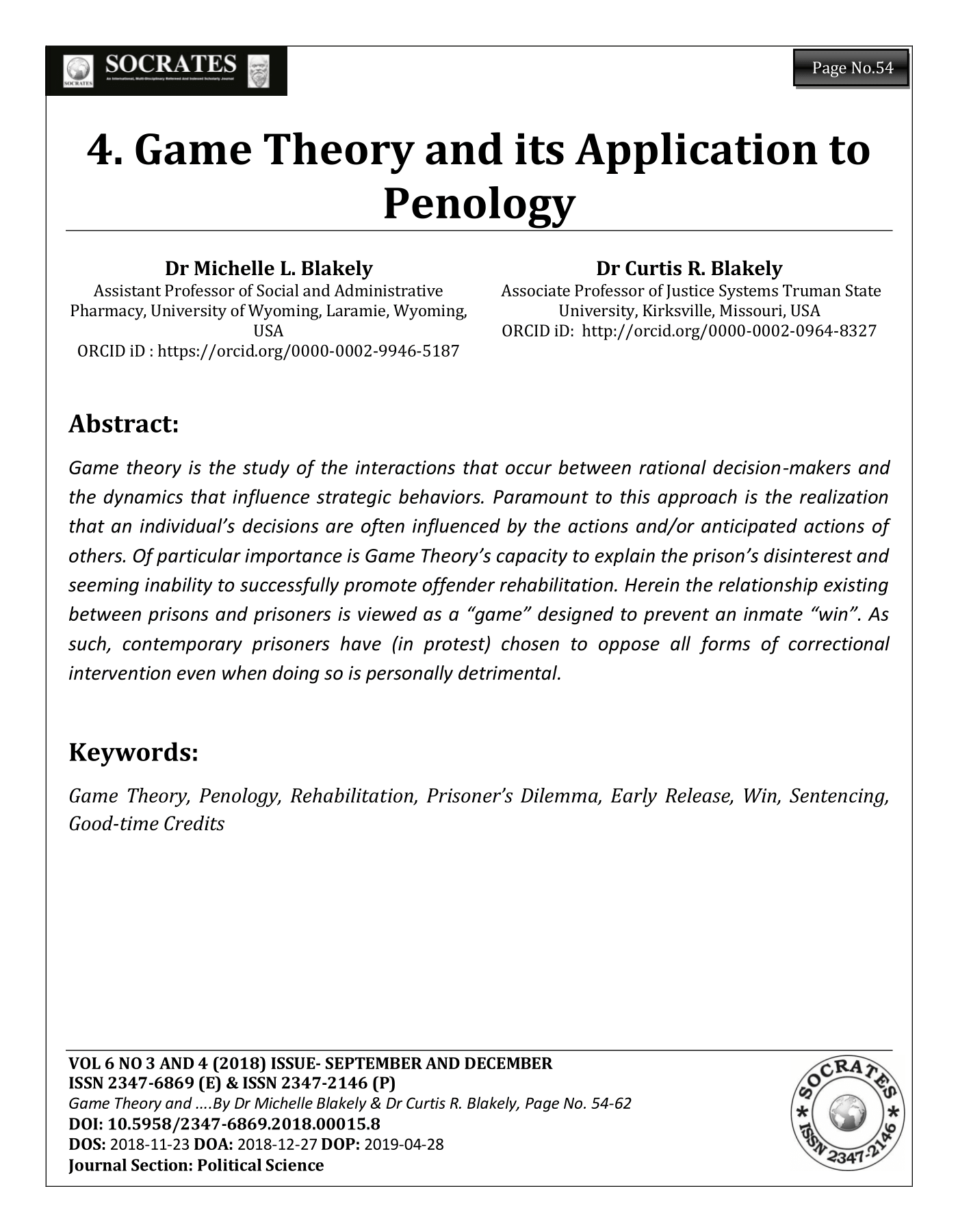 Cover of Game Theory and its Application to Penology
