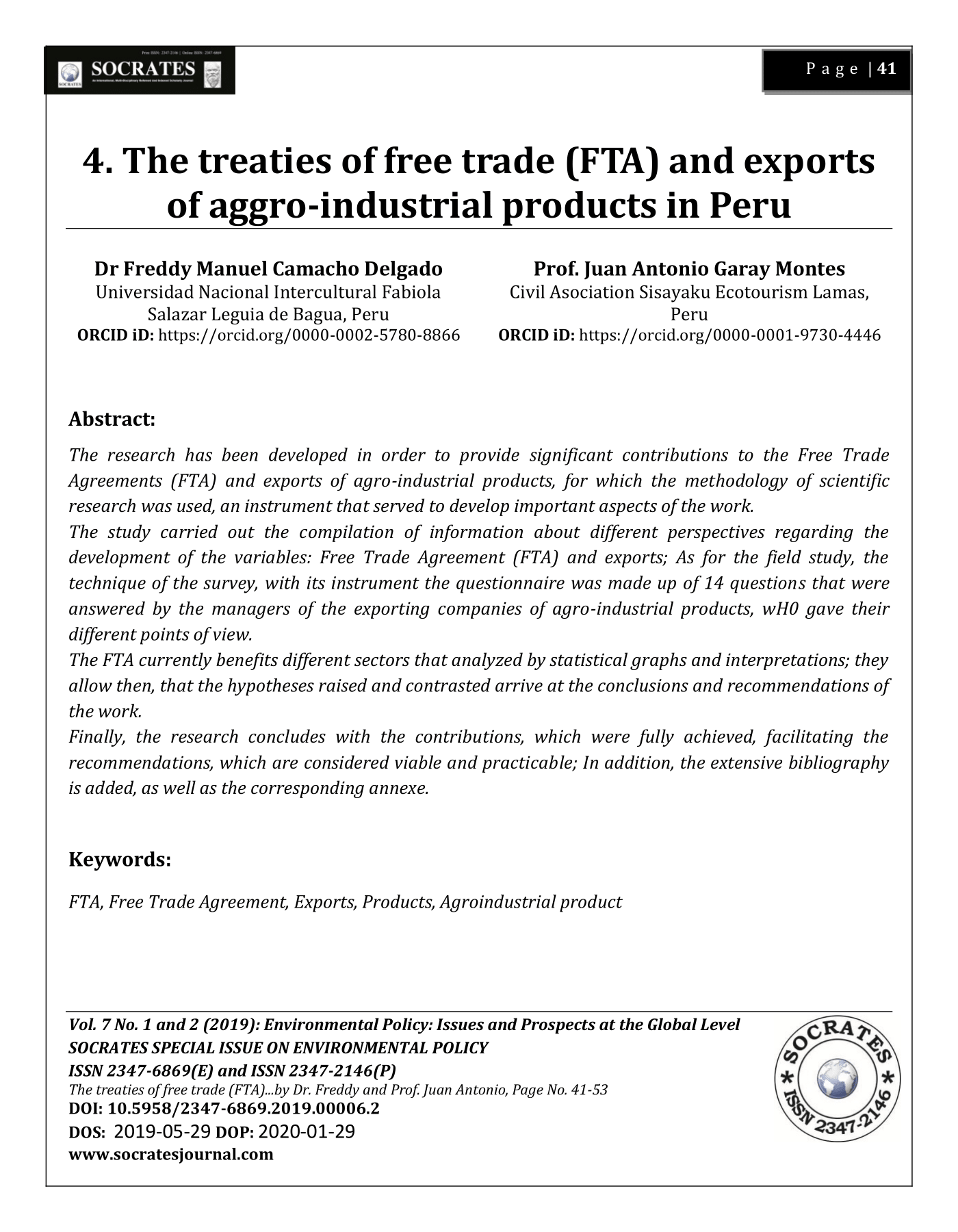The treaties of free trade (FTA) and exports of aggro-industrial products in Peru