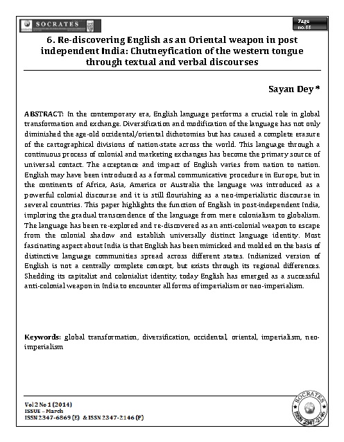 Re-discovering English as an Oriental weapon in post independent India: Chutneyfication of the western tongue through textual and verbal discourses