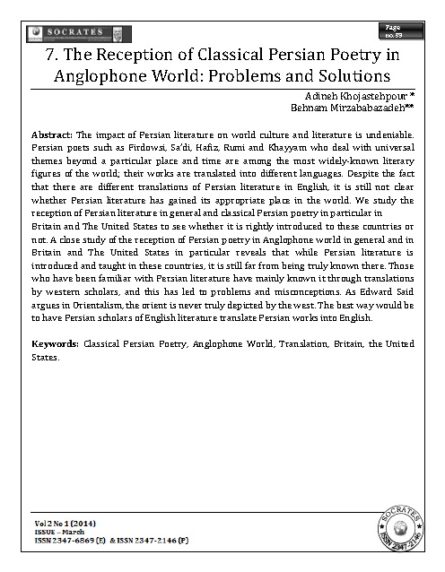 The Reception of Classical Persian Poetry in Anglophone World: Problems and Solutions