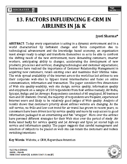 FACTORS INFLUENCING E-CRM IN AIRLINES IN J& K