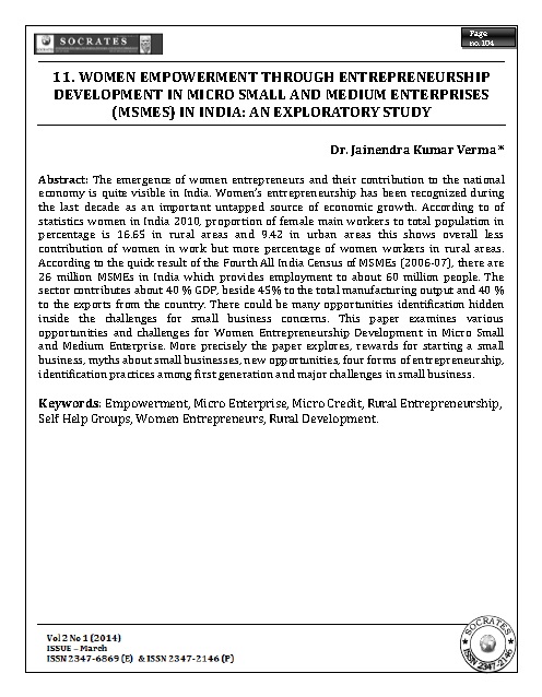 WOMEN EMPOWERMENT THROUGH ENTREPRENEURSHIP DEVELOPMENT IN MICRO SMALL AND MEDIUM ENTERPRISES (MSMES) IN INDIA: AN EXPLORATORY STUDY