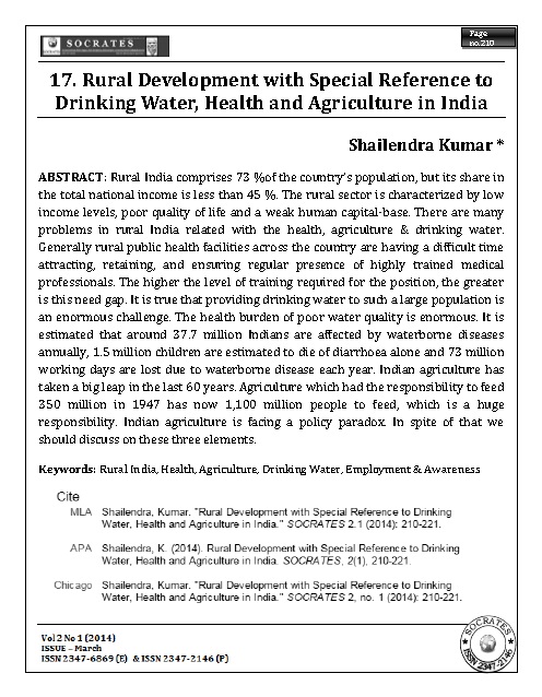 Rural Development with Special Reference to Drinking Water, Health and Agriculture in India