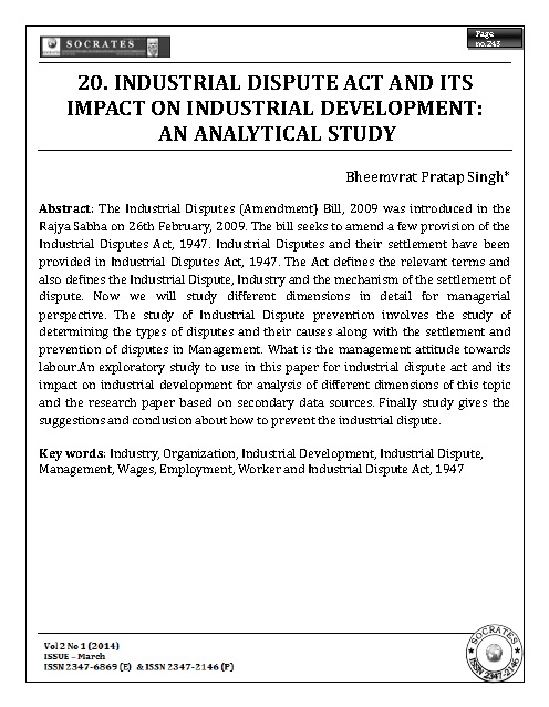 INDUSTRIAL DISPUTE ACT AND ITS IMPACT ON INDUSTRIAL DEVELOPMENT: AN ANALYTICAL STUDY