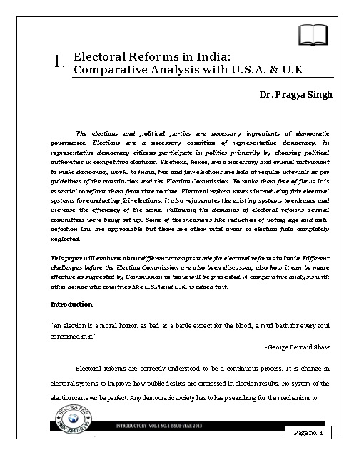 Electoral Reforms in India: Comparative Analysis with U.S.A. & U.K