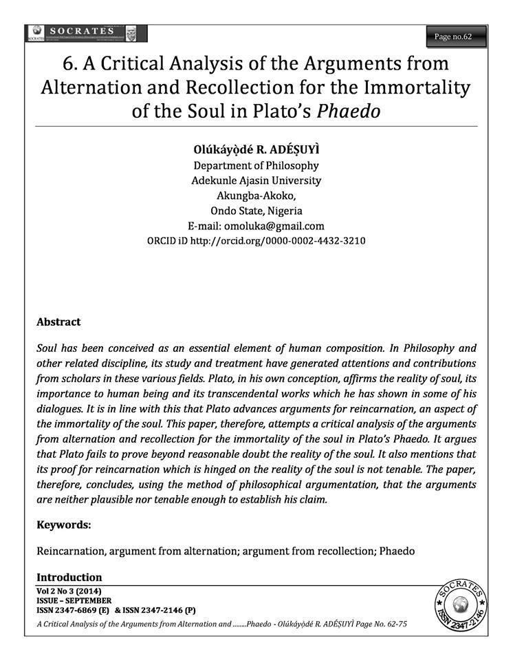 A Critical Analysis of the Arguments from Alternation and Recollection for the Immortality of the Soul in Plato’s Phaedo