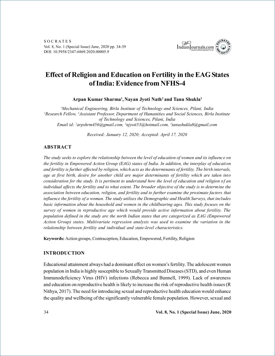  Effect of Religion and Education on Fertility in the EAG States in India 