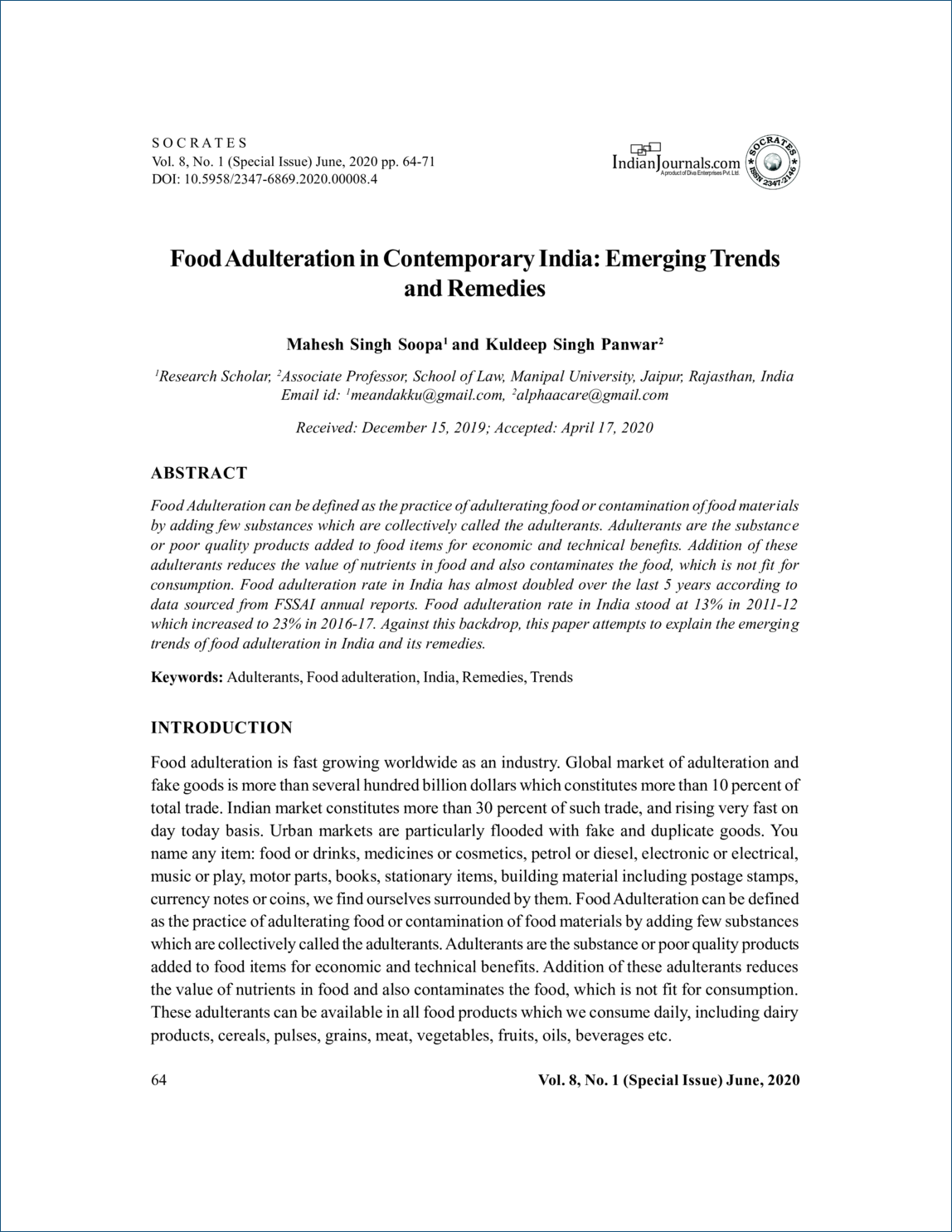  Food Adulteration in Contemporary India 