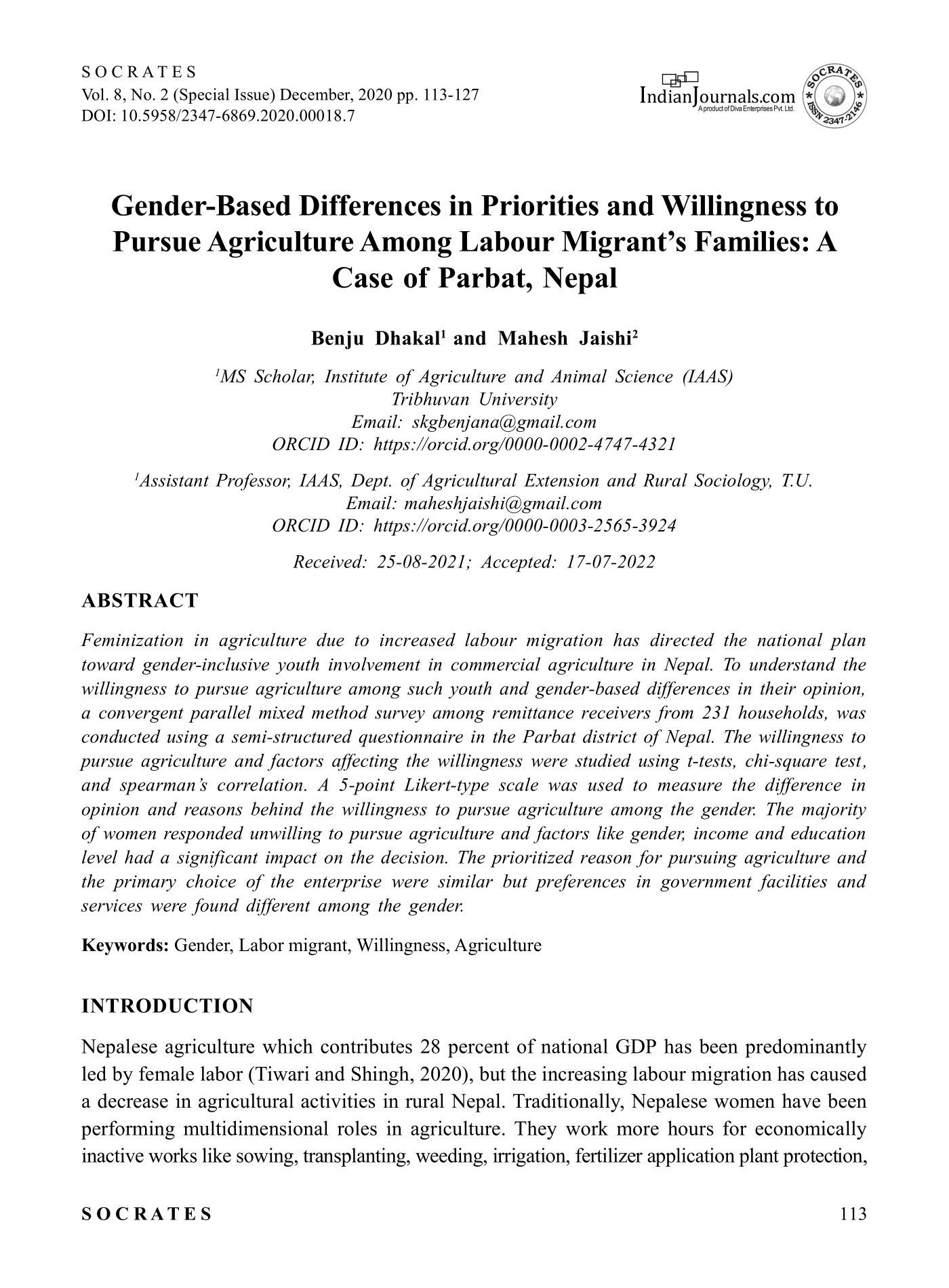  Settings Gender based differences in priorities and willingness to pursue agriculture among labor migrants’ families