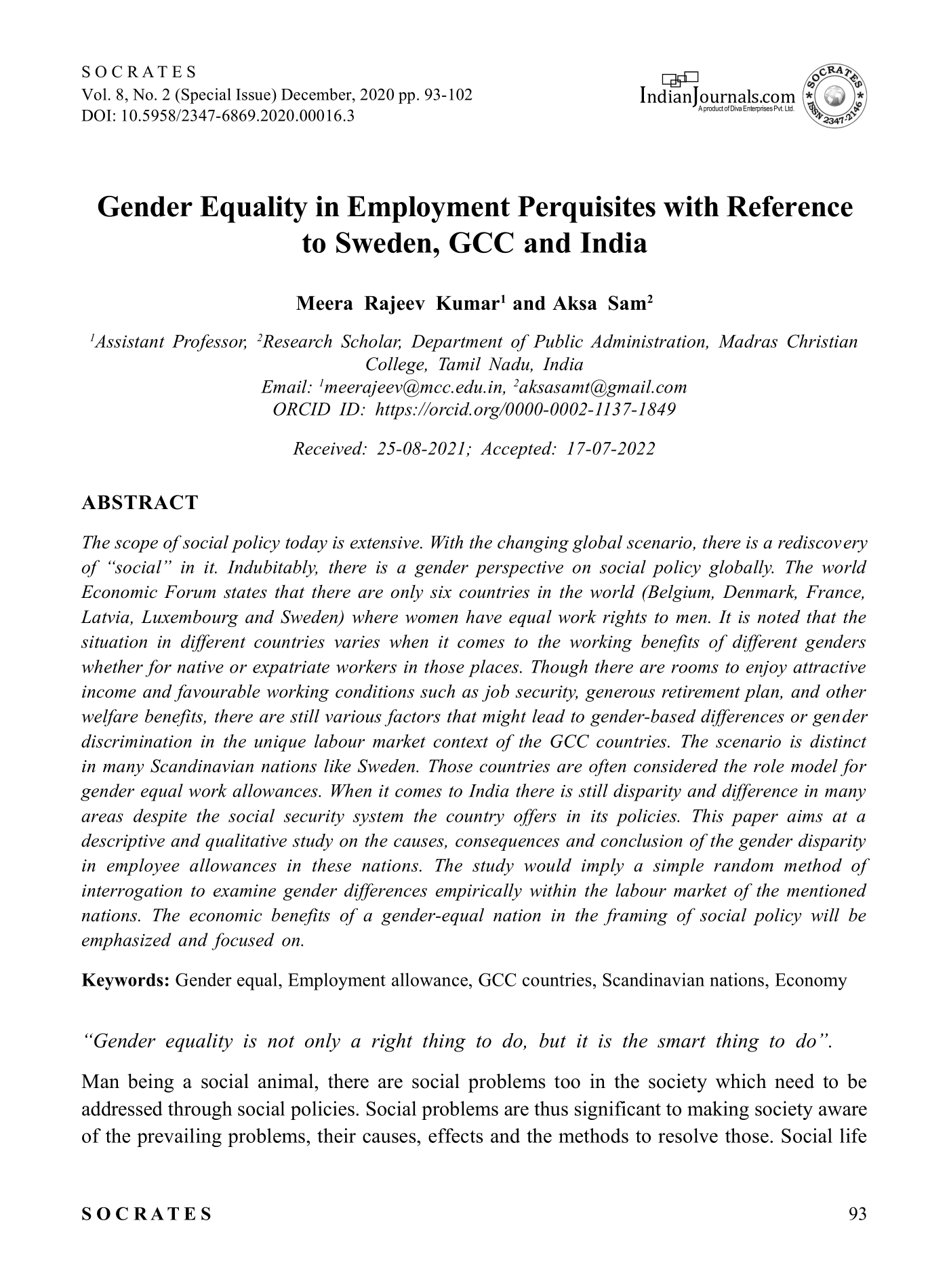  Settings Gender equality in employment perquisites with reference to Sweden, GCC and India 